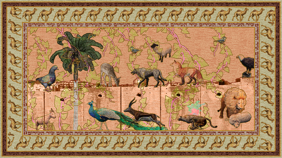 Colorful Persian-style ancient looking carpet with flora and fauna bordered by repeating camels